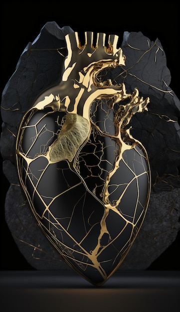 Corazón anatómico en kintsugi oscuro.