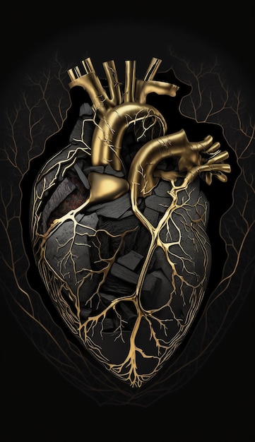 Corazón anatómico en kintsugi oscuro.