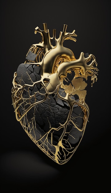 Corazón anatómico en kintsugi oscuro.