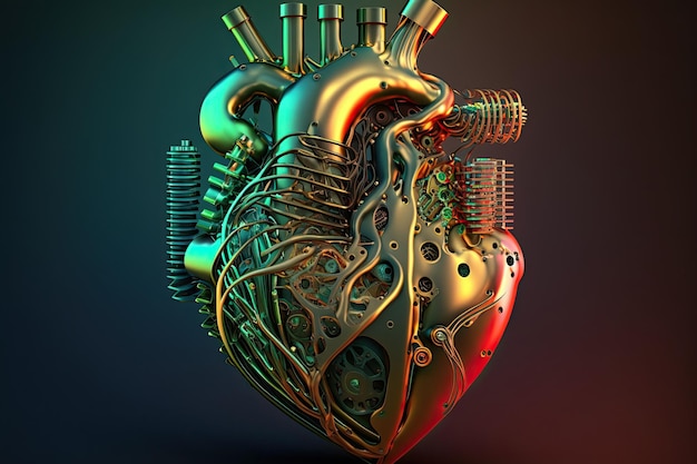 Corazón anatómico de metal mecánico del robot cyborg Concepto de arte IA generativa