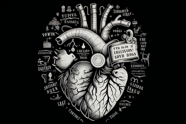 Un corazón anatómico rodeado de palabras de aliento negro sólido