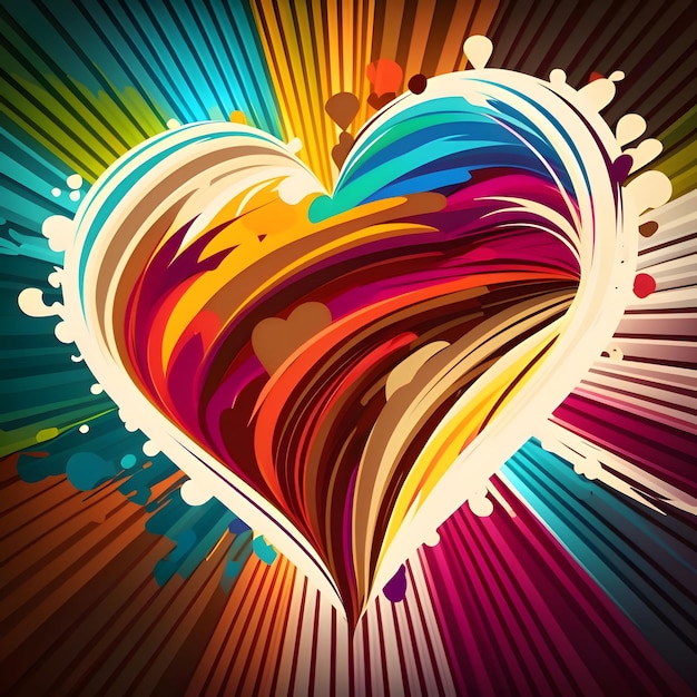 Corazón de arco iris colorido con rayos de colores alrededor Corazón como un símbolo de afecto y amor