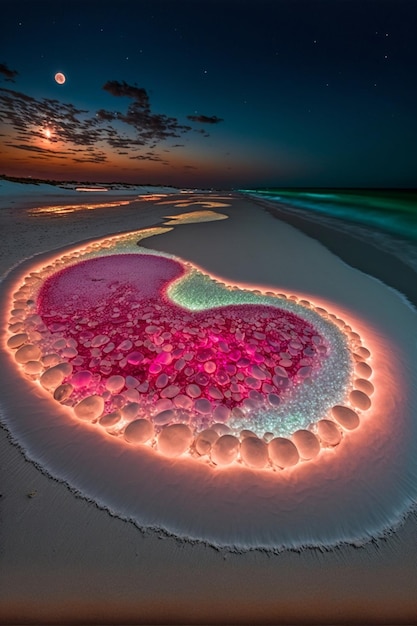 Corazón en la arena de una playa por la noche ai generativo