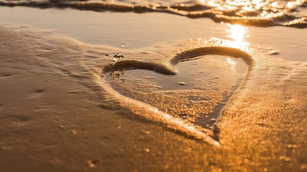 Un corazón en la arena con la puesta de sol detrás de él.