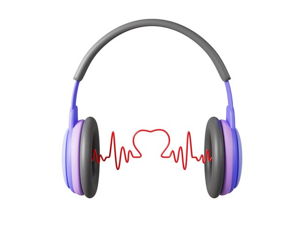 Corazón con auriculares aislados en fondo blanco con ruta de recorte Ilustración de renderización 3D