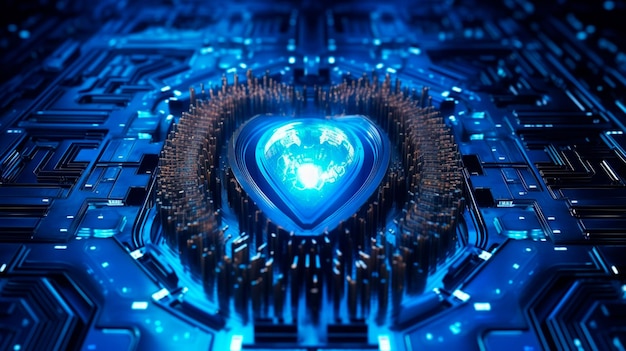 Corazón azul diseñado como unidad central de procesamiento del amor IA generativa postproducida