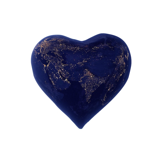 Un corazón azul con un mapa del mundo en él.