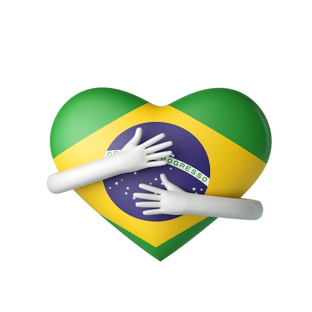 Corazón de bandera de brasil siendo abrazado por brazos d renderizado