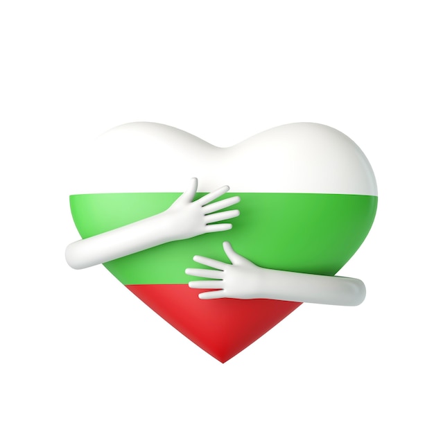 Corazón de bandera de Bulgaria siendo abrazado por brazos d renderizado