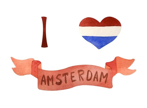 Corazón con bandera holandesa y amsterdam Acuarela pintada a mano ilustración aislada en un blanco