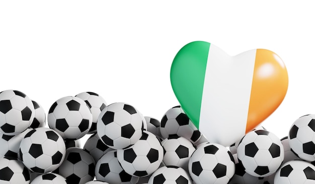 Corazón de la bandera de Irlanda con un fondo de pelota de fútbol Bandera de fútbol Representación 3D