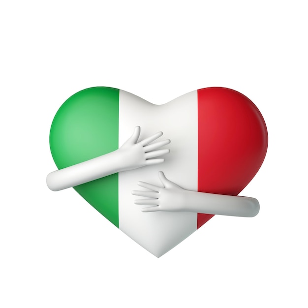 Corazón de bandera de Italia siendo abrazado por brazos d renderizado