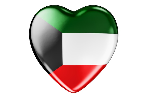 Corazón con bandera kuwaití 3D rendering aislado sobre fondo blanco.