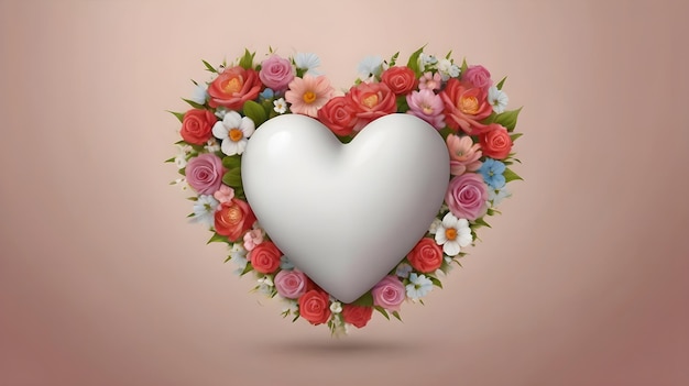 Corazón blanco con flores concepto de amor y emoción en un fondo rosa claro para las vacaciones