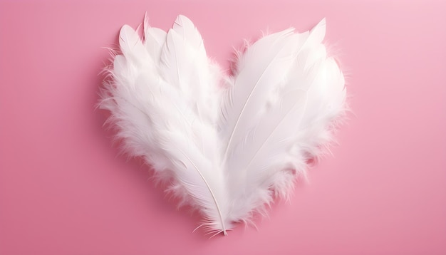 Corazón blanco hecho de plumas sobre un fondo rosa