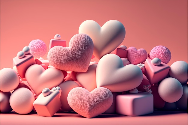 Corazón blanco y rosa 3D y composición de regalo para el día de San Valentín. IA generativa