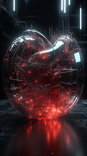 Un corazón en una bola de cristal con luces rojas.