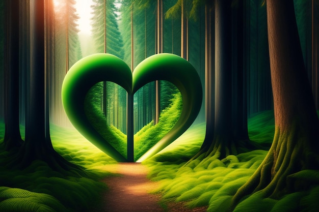 Un corazón en el bosque con la palabra amor.