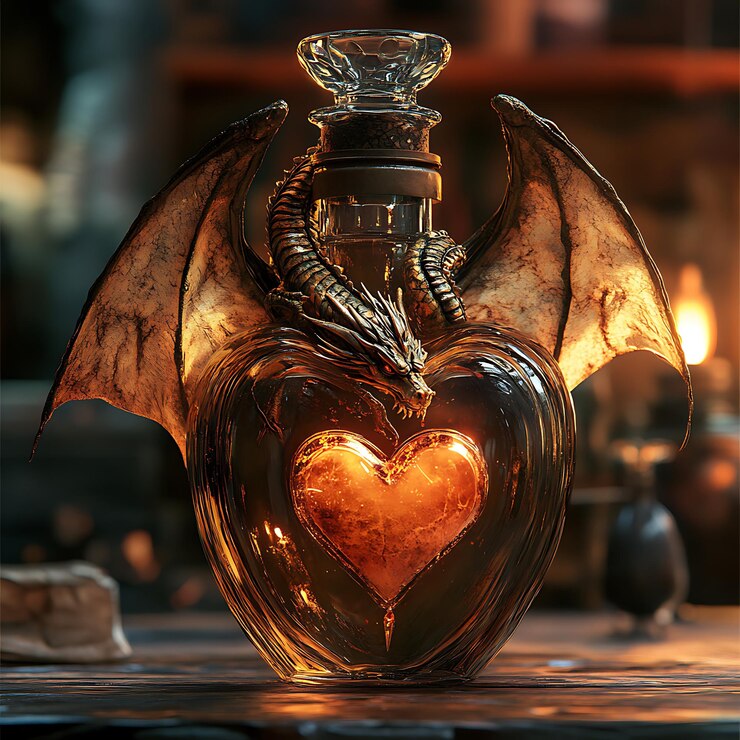 Foto el corazón en la botella sostenido por la imagen del dragón feroz