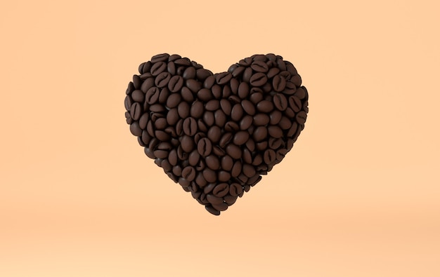 Corazón de café hecho de granos de café realistas render 3d
