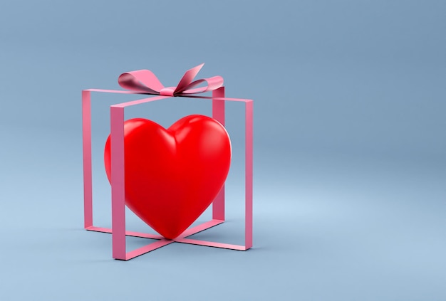 Foto corazón en caja de regalo vacía sólo tiene cinta y arco renderizado en 3d
