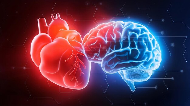 Corazón y cerebro 3D representación de emociones y pensamiento racional concepto de conflicto