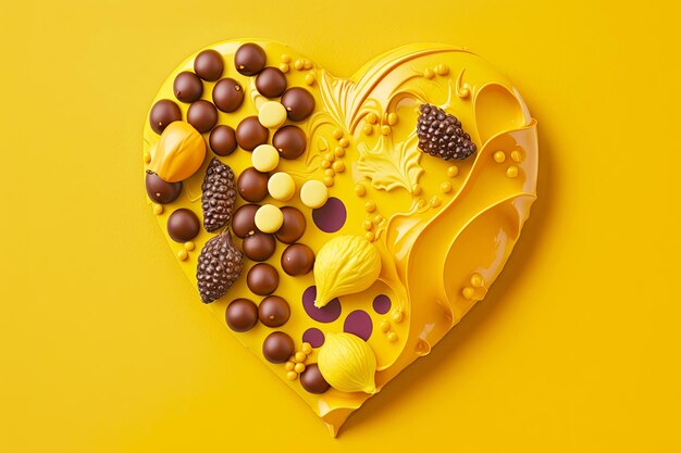 Corazón de chocolate de confitería de frutas sobre fondo amarillo creado con ai generativo