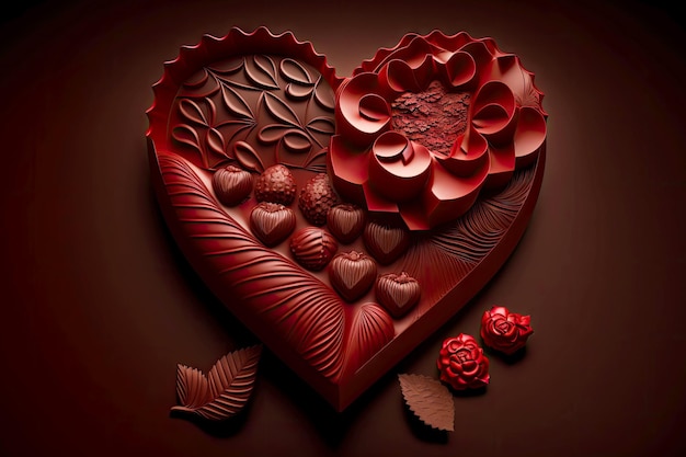 Corazón de chocolate de papel rojo con confitería en forma de flor creada con ai generativo