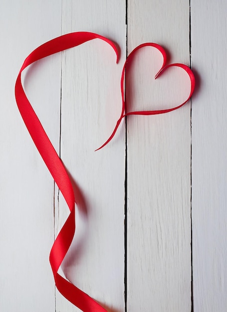 Corazón de cinta roja sobre un fondo de madera blanca en una familia o boda romántica del día de San Valentín