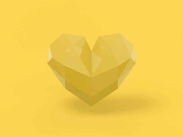 Corazón de un color amarillo polivinílico bajo sobre fondo plano amarillo Objeto de diseño minimalista icono de representación 3d elemento de interfaz ui ux