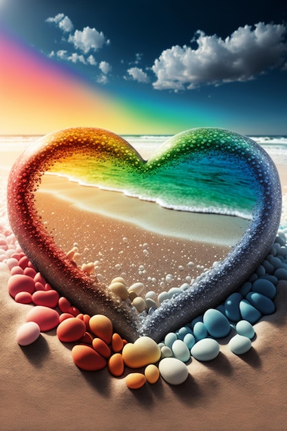 Corazón coloreado del arco iris que se sienta encima de una arena generativa de la playa ai