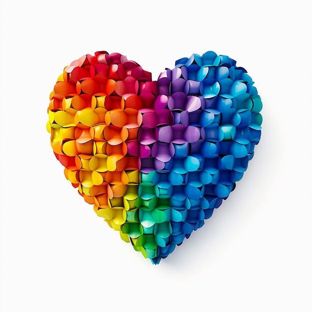 Un corazón con los colores del arco iris y muchos corazones pequeños.