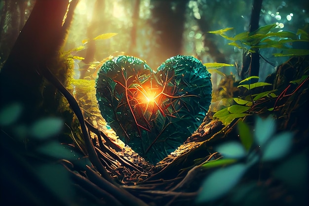 Un corazón colorido en un bosque verde que brilla con rayos de luz generativa ai