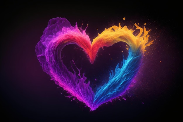 Corazón colorido sobre un fondo negro Ilustración de concepto de amor abstracto AI generado