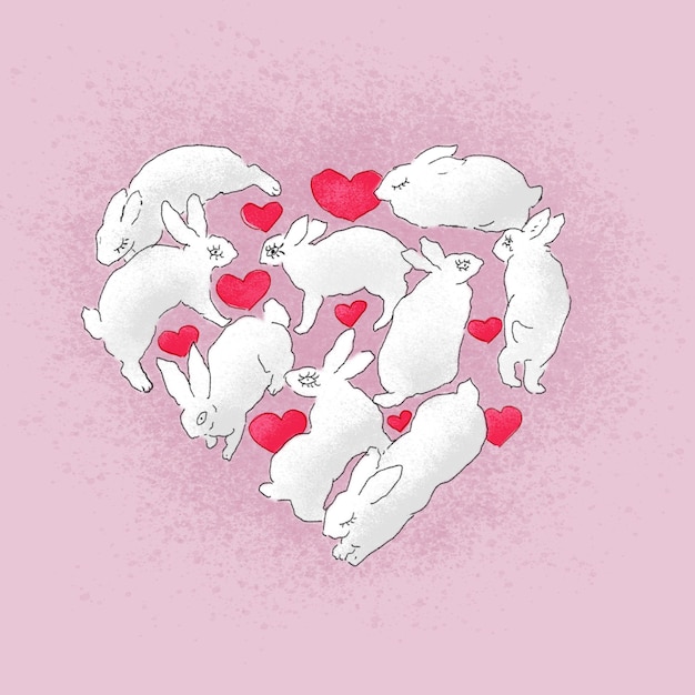 un corazón con conejos blancos y un fondo rosa con un corazón que dice conejo