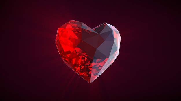 Corazón de cristal renderizado en 3D sobre fondo oscuro