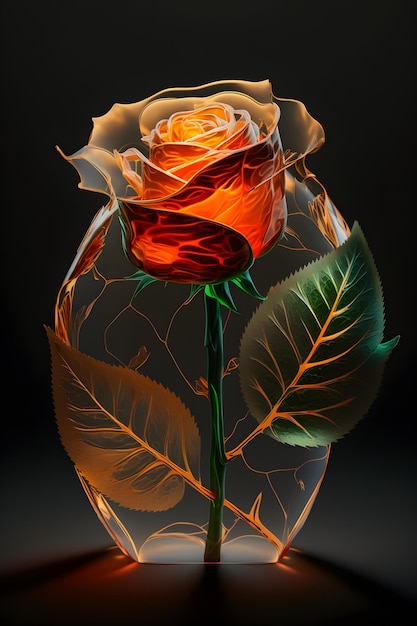 Un corazón de cristal con una rosa roja dentro.