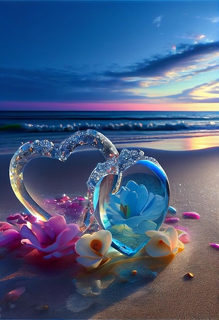 Corazón de cristal sentado en la cima de una playa de arena generativa ai
