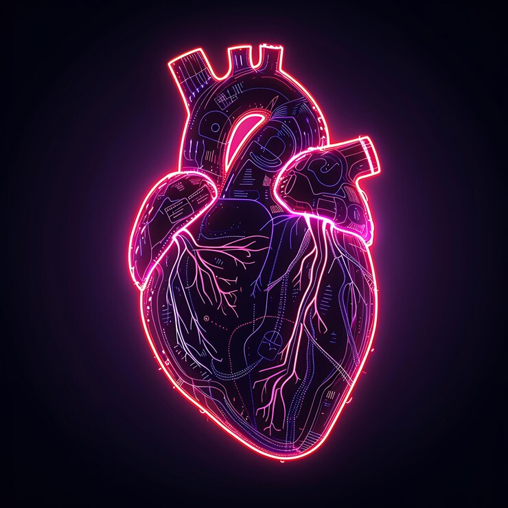 Foto corazón cyborg futurista con intrincados implantes de neón en negro