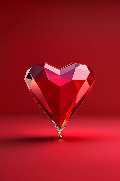 Corazón de diamante rojo rubí sobre fondo rojo Joya joya cortada en amor Piedra preciosa brillante