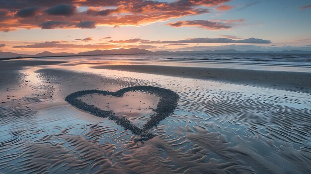 Un corazón dibujado en la arena en una playa al atardecer El corazón está hecho de pequeñas piedras y está rodeado por la arena húmeda