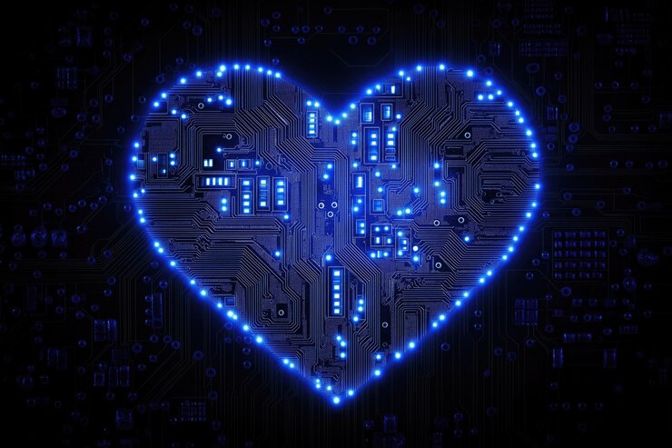 Foto corazón electrónico de ia azul en una mano humana
