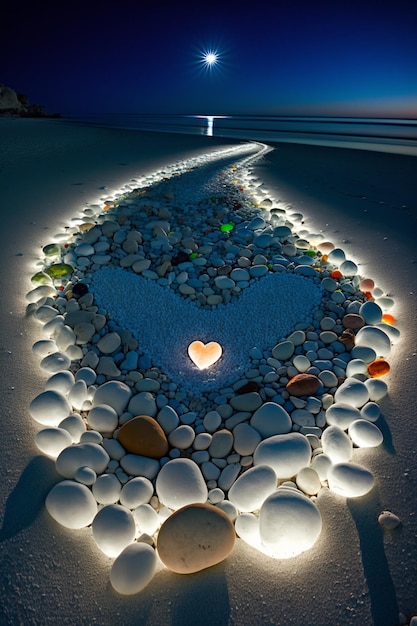 Un corazón está en la playa y está iluminado con una luz.