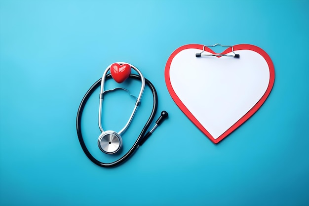 Un corazón y un estetoscopio están al lado de un corazón y un corazón rojo sobre un fondo azul.