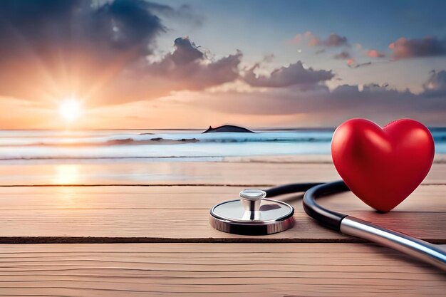 Un corazón y un estetoscopio sobre una mesa de madera con una puesta de sol al fondo