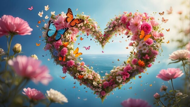 Foto corazón de fantasía hecho de delicadas flores y mariposas generado por la ia