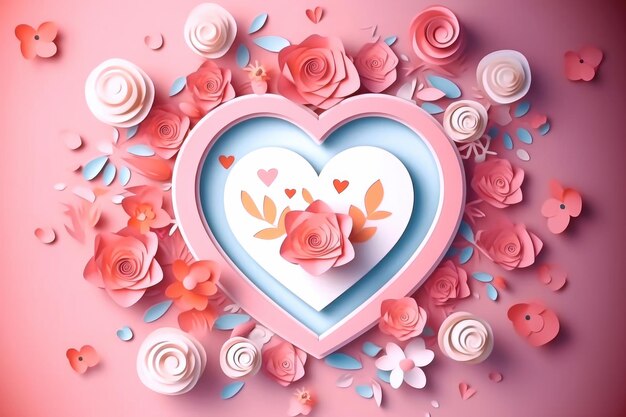 Corazón floral en estilo de arte de papel sobre fondo rosa IA generativa