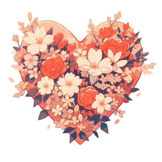 Corazón floral con flores y hojas Ilustración vectorial dibujada a mano