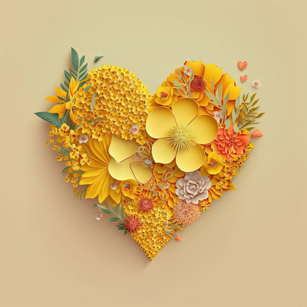 Corazón floral sobre fondo amarillo Primavera verano amor naturaleza concepto