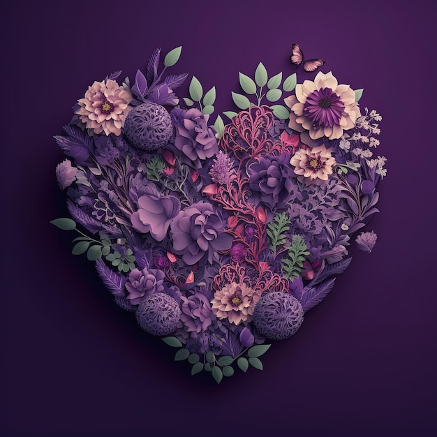 Corazón floral sobre fondo púrpura Primavera verano amor naturaleza concepto